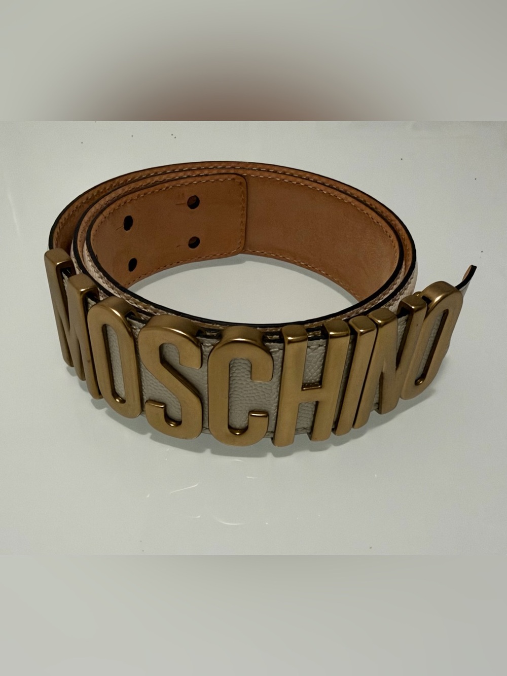 Moschino White Leather Logo Belt with Gold Lettering. Like new. Only worn once.